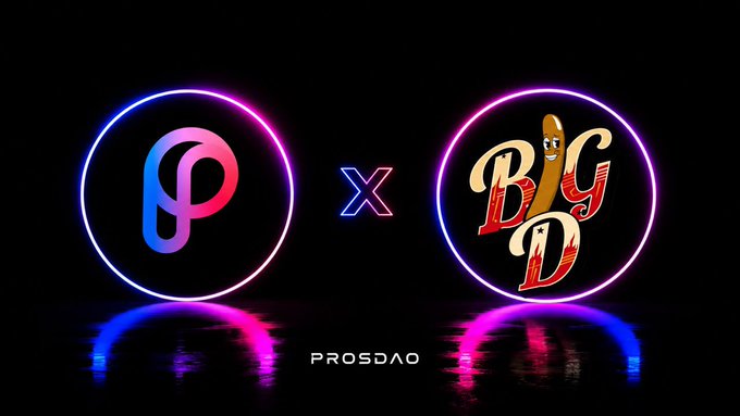 Neon-lit partnership graphic between two circular logos connected by an "X" mark, with "PROSDAO" text below.