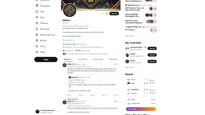 A screenshot of the X (Twitter) community page for 'NOXA' (@noxafi), showing posts in Vietnamese about Phantom wallet and Multichain.