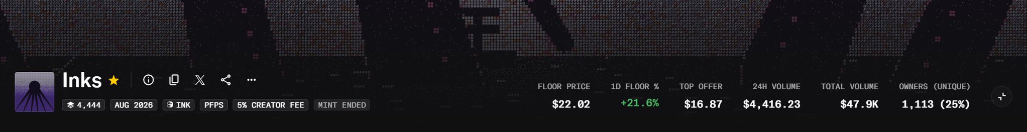 A banner for the 'Inks' NFT project showing a floor price of $22.02, up 21.6%, with a top offer of $16.87 and 1,113 unique owners.