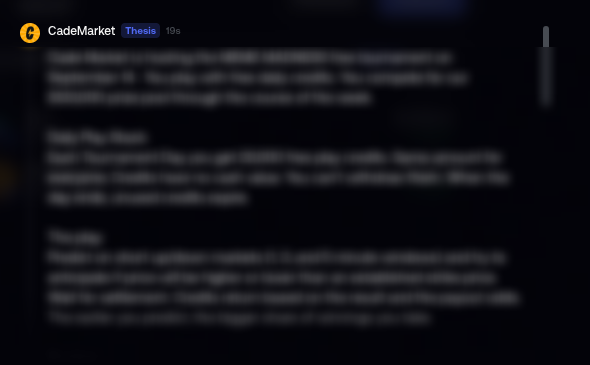 A screenshot of a post by CadeMarket on a chat platform, shared 19 seconds ago, with blurred message content promoting exclusive alpha and strategies for the Meme Madness leaderboards, directing viewers to follow their @fomo page at fomo.family/profile/cadema for additional benefits.