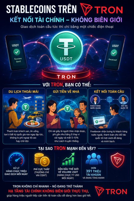 A Vietnamese-language infographic promoting USDT stablecoins on the TRON network, highlighting fast transactions, low fees, and global connectivity for financial transfers.