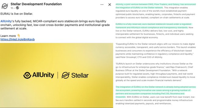 A Stellar Development Foundation announcement titled "EURAU is live on Stellar," detailing a joint venture with AllUnity, DWS, Flow Traders, and Galaxy to bring a MiCAR-compliant euro stablecoin to the Stellar blockchain.