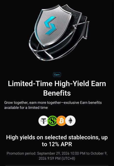 A promotional graphic with a metallic shield logo advertising 'Limited-Time High-Yield Earn Benefits' offering up to 12% APR on selected stablecoins, with a promotion period of September 29, 2026 to October 9, 2026.