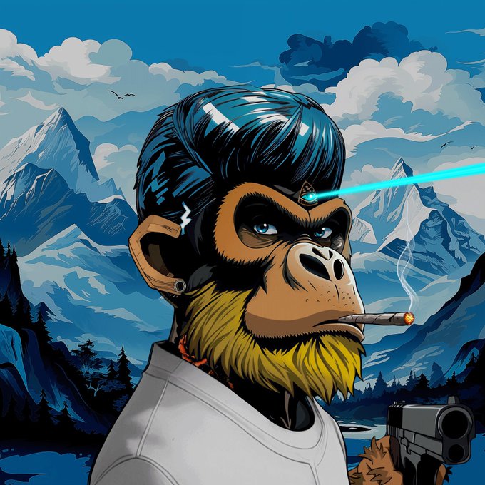 A stylized cartoon illustration of a monkey with a pompadour hairstyle, smoking a cigarette and holding a gun, with a blue laser shooting from its head against a backdrop of mountains and clouds.