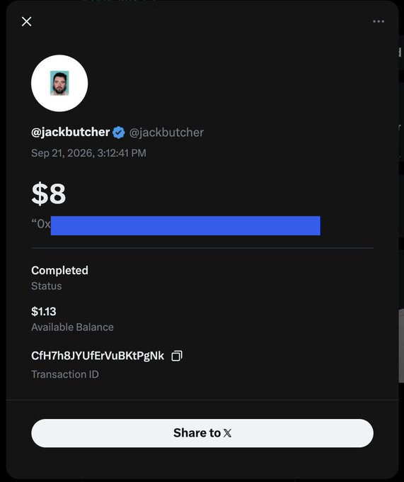 A Twitter/X post by @jackbutcher dated Sep 21, 2026 shows a completed transaction of $8 with an available balance of $1:13.