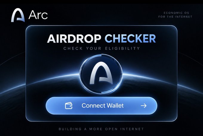 The image shows the official Arc "Airdrop Checker" interface with a "Connect Wallet" button, prompting users to check their eligibility, which relates to the post's discussion about whether Arc will distribute an airdrop to its community. The Arc logo and tagline "Economic OS for the Internet" along with "Building a More Open Internet" appear on the dark, space-themed graphic.