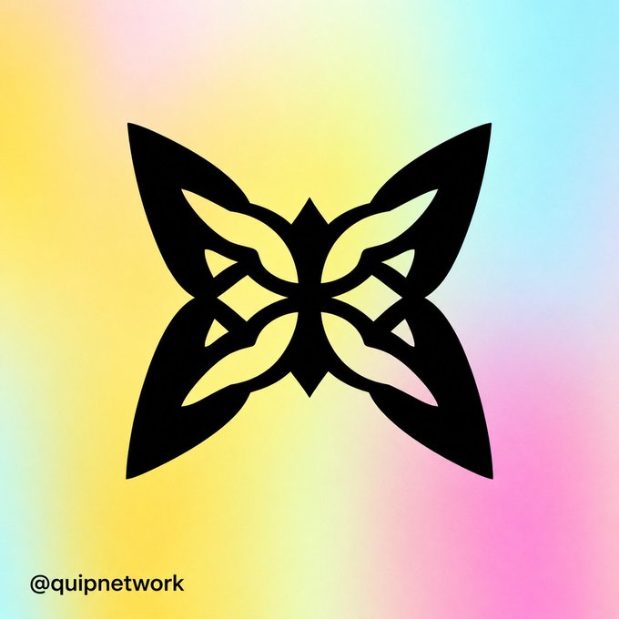 The image shows a stylized black butterfly graphic with three wings and two antennae, featuring an intricate design of lines. The butterfly is set against a gradient background that blends shades of pastel colors. At the bottom of the image, there's a logo for the Quip Network and some text announcing the release of a new software version.