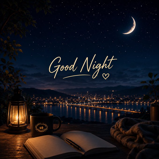 A serene 'Good Night' greeting image showing a night sky with a crescent moon and stars above a distant city skyline reflected on water, with a vintage lantern, coffee mug, open book, and blanket arranged on a wooden table in the foreground.