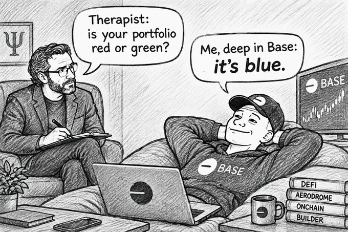 A pencil-sketch style comic depicts a session where a therapist asks 'is your portfolio red or green?' and the patient responds 'it's blue,' referencing the cryptocurrency Base, with visible books labeled 'DEFI,' 'AERODROME,' 'ONCHAIN,' and 'BUILDER.'