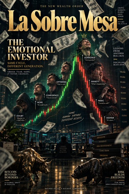 A stylized magazine cover titled 'La Sobre Mesa' with the headline 'THE EMOTIONAL INVESTOR' features stock chart visualizations overlaid with faces representing emotions like euphoria, optimism, confidence, hope, doubt, anxiety, panic, and despair. The cover includes bullish and bear figurines and references to Bitcoin and risk.