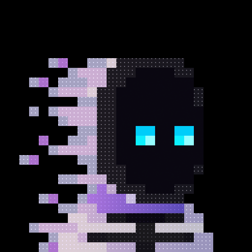 A pixel art illustration of a character with a black hooded cloak, bright blue eyes, and purple/pink pixelated particle effects swirling around them against a black background.