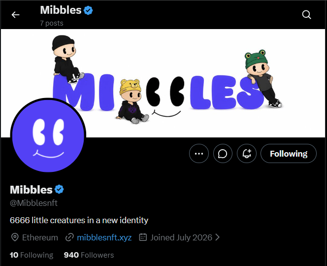 Twitter profile for 'Mibbles' (@Mibblesnft), an NFT project described as '6666 little creatures in a new identity,' featuring cartoon avatars wearing various hats.