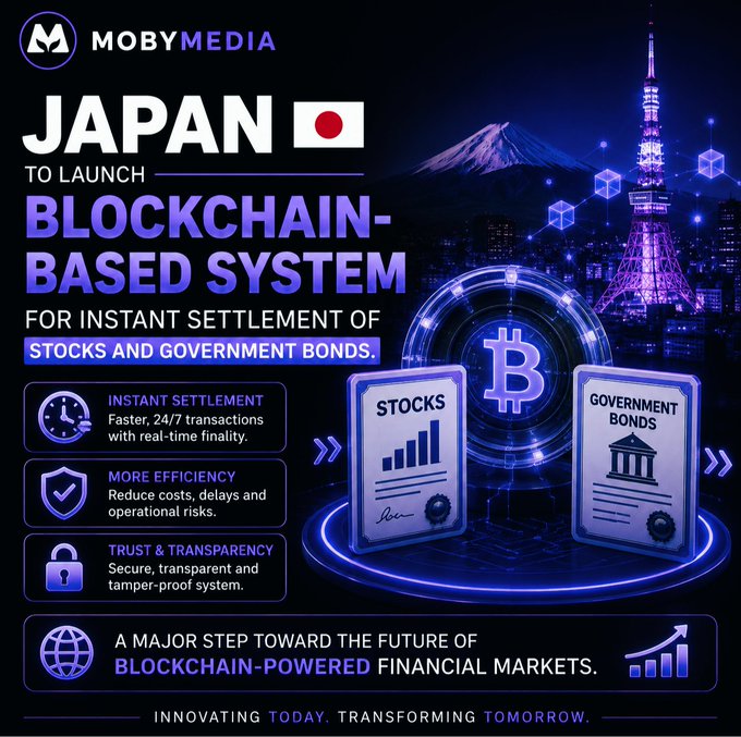 The image is a Moby Media infographic announcing that Japan is launching a blockchain-based system for instant settlement of stocks and government bonds, highlighting benefits like instant settlement, more efficiency, and trust & transparency. The post connects by emphasizing blockchain's expanding role across crypto assets, stocks, and government bonds, with Japan's initiative positioned as a major catalyst for traditional market adoption.