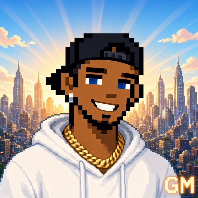 A pixel art illustration features a smiling dark-skinned man wearing a backwards black cap and gold chain, with a cityscape and sunburst behind him; "GM" is visible in the bottom right.