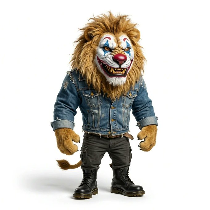 A 3D rendering of an anthropomorphic lion character wearing a denim jacket, black cargo pants, and black combat boots, featuring a menacing clown-like facial expression with sharp teeth.