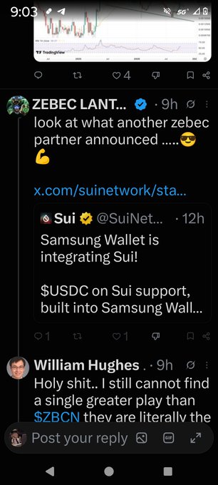 A Twitter/X screenshot shows Zebec Lantana commenting on a Sui announcement about "Samsung Wallet is integrating Sui!" with USDC support.
