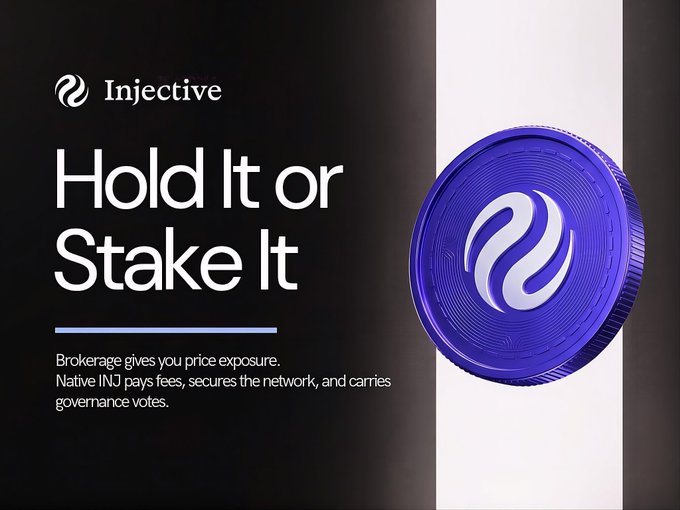 An Injective cryptocurrency promotional graphic with the text 'Hold It or Stake It', explaining that 'Brokerage gives you price exposure. Native INJ pays fees, secures the network, and carries governance votes,' alongside a purple INJ coin.