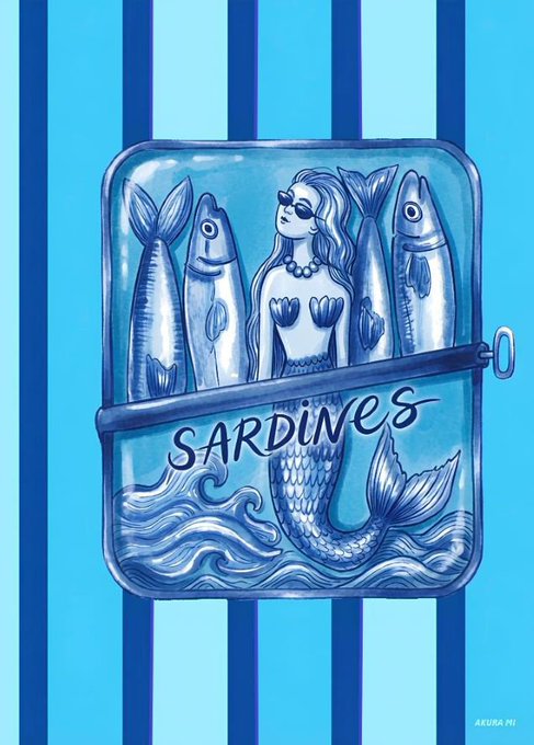 A blue monochromatic illustration on a striped background showing a sardine can labeled 'SARDINES' containing a mermaid flanked by two large fish.