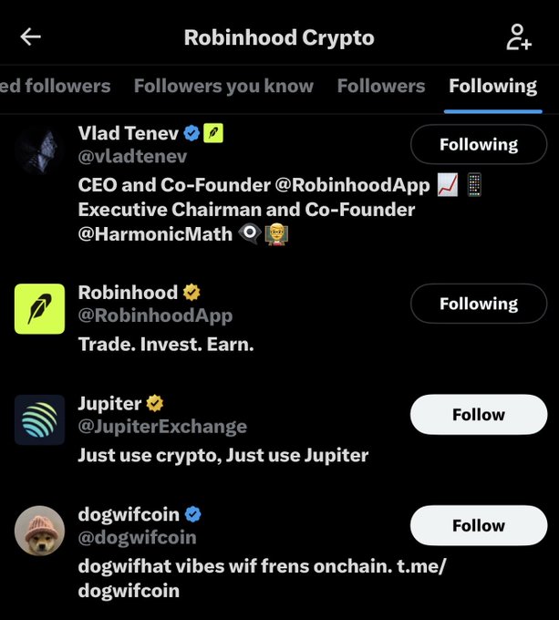 A screenshot of the Robinhood Crypto "Following" list on X shows verified accounts including @vladtenev (Robinhood CEO), @RobinhoodApp, @JupiterExchange, and notably @dogwifcoin ($WIF), with the post highlighting that Robinhood Crypto now follows $WIF as evidence supporting the $DIH (DOG IN HOOD) narrative.
