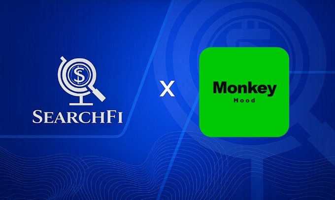 A promotional graphic announcing a partnership between SearchFi and MonkeyHood, featuring the SearchFi logo with a magnifying glass containing a dollar sign on the left and the green MonkeyHood app icon on the right, separated by an 'x' symbol.