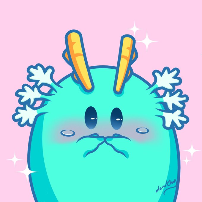 A cute turquoise dragon-like creature with golden horns blushes with sparkles around it on a pink background, matching the post's sentiment of delightful, charming digital art worth sharing on a feed. The artist's signature "Monsther" appears in the bottom right corner.