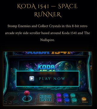The image features a promotional poster for a mobile8-bit arcade game, named "Koda 1541 - Space Runner", which is set against an antique style backdrop with a black background, giving it an old retro feel. The main focus of the poster is the title and gameplay description, as well as the name "GM, legends" in the bottom left corner providing context about the game's origin or development. This game appears to be a space runner, where players have to defeat enemies, collect crystals, and possibly try to save the world leader from an evil entity called Koda 1541. Additionally, there is a link provided that gives more information about the game in the form of a website or resource page, indicating that the poster serves as both promotional material for the game and possibly a guide for those interested in trying it out themselves.