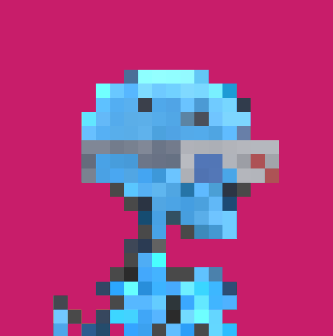 A pixelated illustration of a blue astronaut wearing a helmet and a backpack, set against a solid pink background.