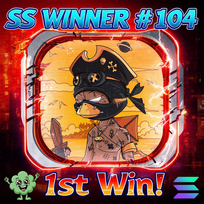 A celebratory graphic featuring a chibi pirate character in a glowing red neon frame with "SS WINNER #104" at the top and "1st Win!" at the bottom, announcing the 104th daily winner of the Smurf Spotlight V2 contest on Solana. The image highlights @upryusei_7u as the winner, matching the post's announcement of the first-win drawing in the 2-win-toward-$50-in-$SOL giveaway series.