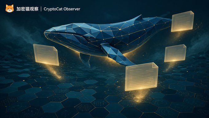 A digital artwork titled 'CryptoCat Observer 加密猫观察' depicting a geometric polygonal blue whale swimming over a dark honeycomb-patterned ocean with glowing data panels floating around it.
