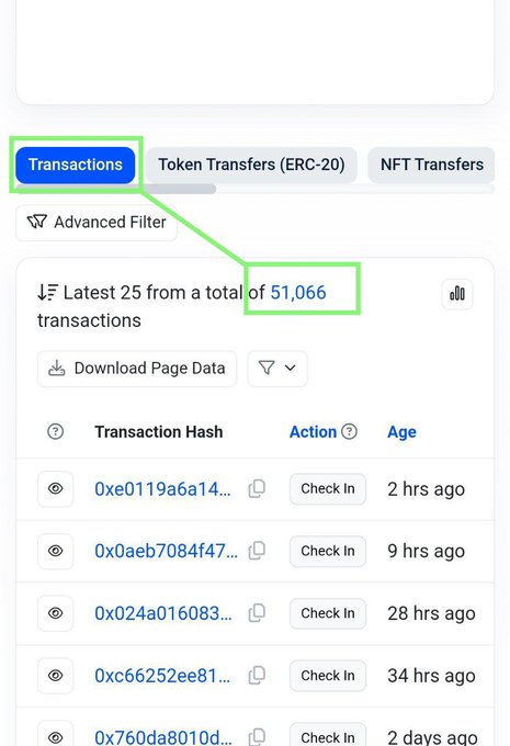 The image shows a phone screen with a list of transactions displayed, including token transfers (ERC 20) and NFT transactions. The text "Transactions" is highlighted in green, indicating that this is the section being referred to. The number "51,066" is also shown on the screen, which could be a total amount or a specific transaction value.