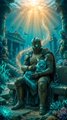 A digital art piece showing a mysterious hooded figure surrounded by intricate cyan and gold patterns, fitting the post's promotion of NFT art available to collect on Objkt.