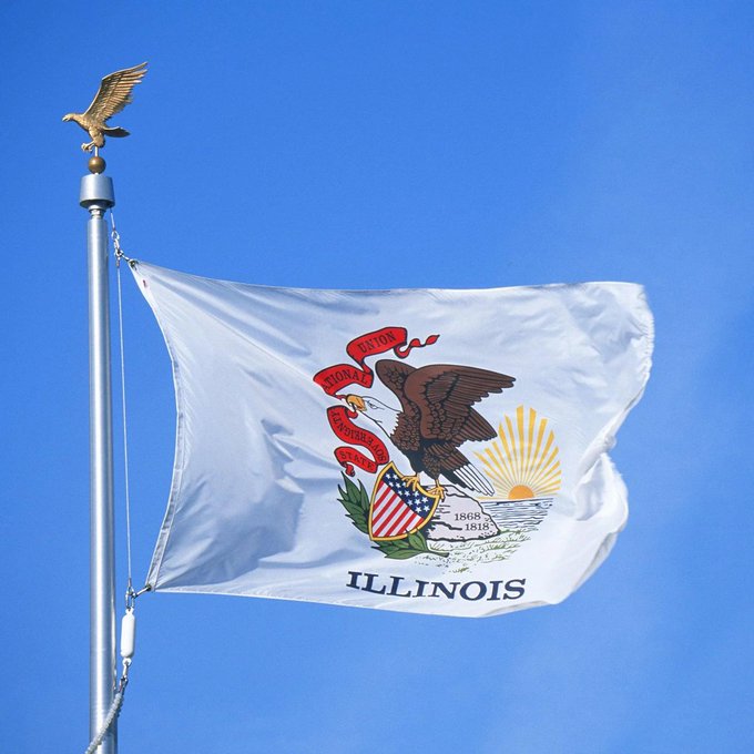 The Illinois state flag (white with the state seal showing an eagle, shield, and 'State Sovereignty, National Union') flies from a flagpole topped with a golden eagle finial against a clear blue sky.