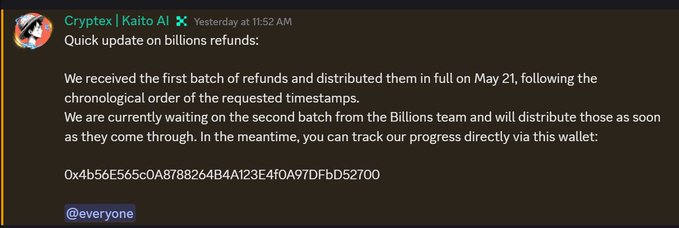 A black and white screenshot of a computer screen displaying a message from Cryptex AI about receiving the first batch of refunds on a cryptocurrency transaction.