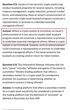 The image displays excerpts from an SEC interpretive release addressing digital asset securities, specifically highlighting Questions 2.5 and 2.6 regarding issuer announcements of non-security crypto asset buyback programs and the definition of a "promoter" under Rule 405. The text clarifies that ongoing development efforts and buyback announcements by issuers do not constitute investment contracts or solicitations once a network is functional, while also defining who qualifies as a promoter for trading platform purposes.