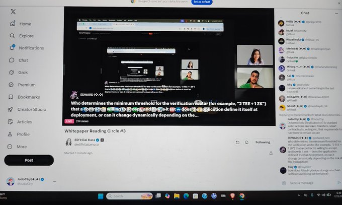 Screenshot of Twitter/X showing a tweet by EDWARD about zk verification thresholds, with the 'Whisperpaper Reading Circle #3' video playing and a chat panel on the right side.