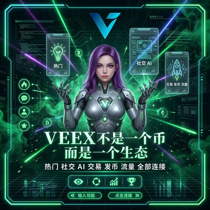 The image displays a woman with purple hair wearing a futuristic armor costume and holding a blue crystal ball, set against an otherworldly background that looks like a tech-filled space or computer terminal. The text accompanying the illustration includes information about VEEX @VEEXWorld and the potential benefits of buying their product in its presale stage for early access. Additionally, it mentions how market attention is heating up due to ecological applications and user activity increases. It also suggests that this could be a pre-order opportunity if you purchase the product during the VEEX world launch.