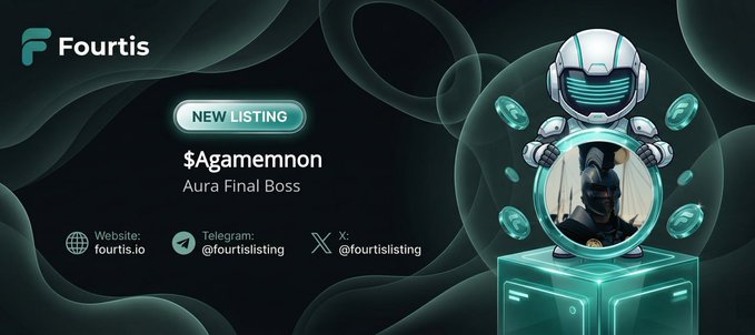 A promotional graphic for Fourtis announces the new listing of "$Agamemnon" token, featuring a futuristic astronaut character holding a coin against a dark, space-themed background with teal accents. The banner displays the Fourtis logo, the "New Listing" tag, and contact details including the website (fourtis.io), Telegram, and X (@fourtislisting), aligning with the post's announcement of Agamemnon's listing details, price ($0.001573), and market cap ($1,573,518).