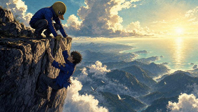 An anime-style illustration shows a boy in a blue uniform and yellow mask helping another boy climb up a steep cliff, with a dramatic view of mountains, ocean, and sunset in the background.