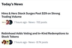 The image shows a "Today's News" feed from a financial/stock discussion platform (likely Reddit's WallStreetBets), featuring two headlines: "Hims & Hers Stock Surges Past $29 on Strong Trading Volume" (7 hours ago, News, 152 points) and "Robinhood Adds Voting and In-Kind Redemptions to Stock Tokens" (7 hours ago, News, 8.7K points).

The image relates to the "$BONER" joke by displaying the ticker $HIMS (from "Hims & Hers"), which phonetically spells out the slang term used in the accompanying post.