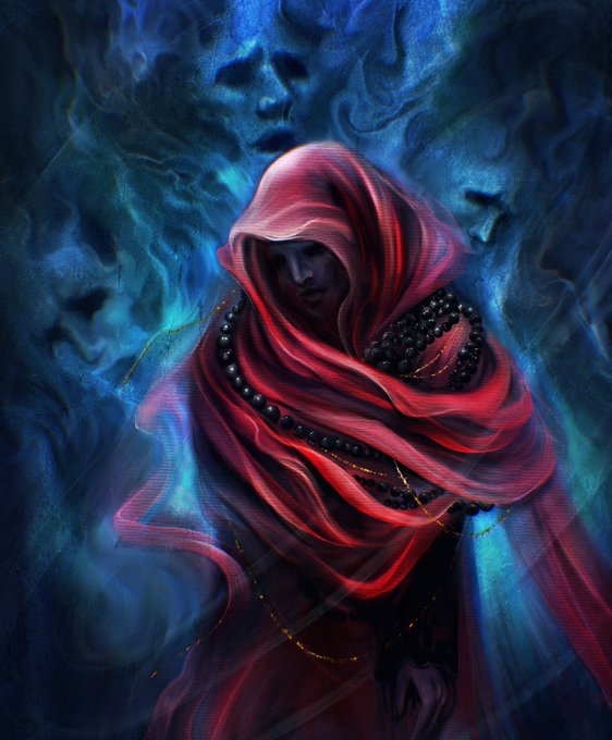 A fantasy digital artwork depicting a hooded figure in a flowing red cloak wearing dark beaded necklaces, set against a mystical blue and green smoky background.