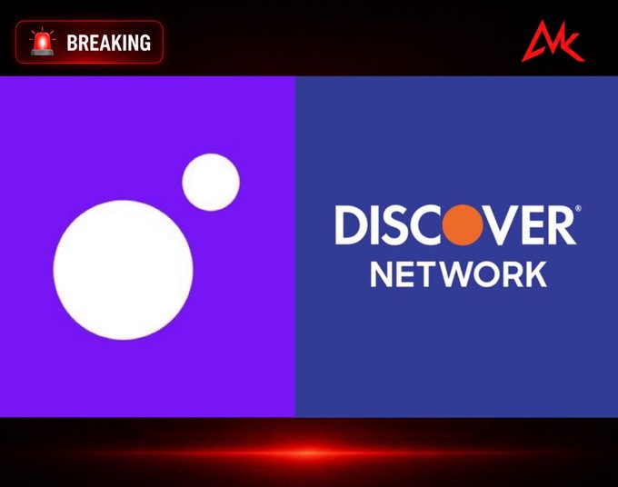A breaking news graphic displays the Discover Network logo alongside another logo on a purple background, with a 'BREAKING' alert banner.