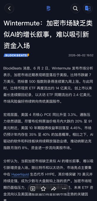 The image shows a screenshot of an article or text displayed on a phone screen, possibly from a social media platform like Twitter. The content appears to be in Chinese, with the word "Wintermute" being highlighted. The main focus of the image is the title and subtitle of the article, which reads "After seeing @wintermute_t 's market analysis, I'm even more convinced to keep a long-term focus on TAO. Crypto itself might no longer feel fresh; the real new variable is AI'S reshaping of productivity." The image also contains some text in Chinese that seems to be related to the article's content or context.