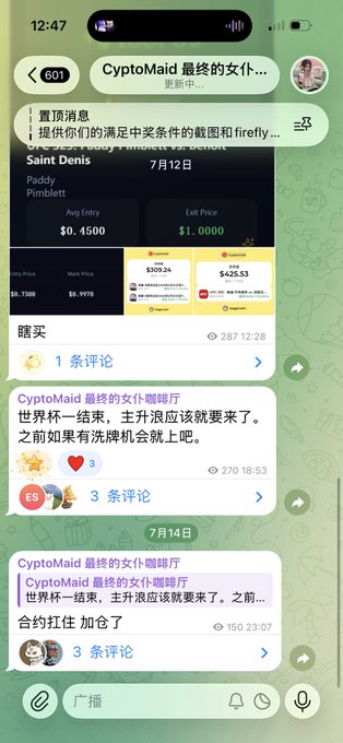 A Chinese-language Telegram chat screenshot discussing the 'CryptoMaid 最终的女仆咖啡厅' (CryptoMaid Final Maid Café) project, showing market entry/exit prices for 'Saint Denis Paddy Pimblett' and user comments about an upcoming wash sale.