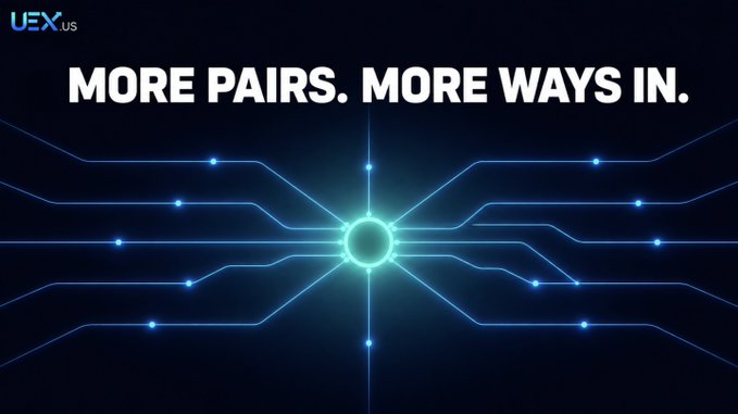 A dark promotional banner for UEX.US with the text 'MORE PAIRS. MORE WAYS IN.' displayed over a glowing blue circuit-like design with a central illuminated node.
