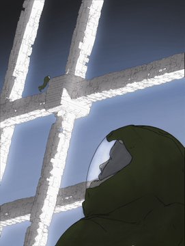 A green-skinned figure with a helmet and goggles stands on the left side of a white building, gazing upwards at a small bird perched on the right side.