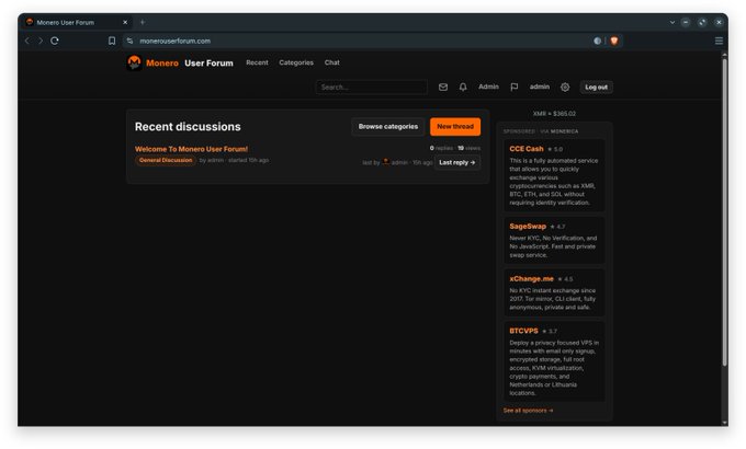 A screenshot of the Monero User Forum (monerouserforum.com) displayed in a dark-themed web browser, showing recent discussions, a welcome message, and information about XMR price, CCC Cash, SwapSwap, xChange.me, and STOPV8.