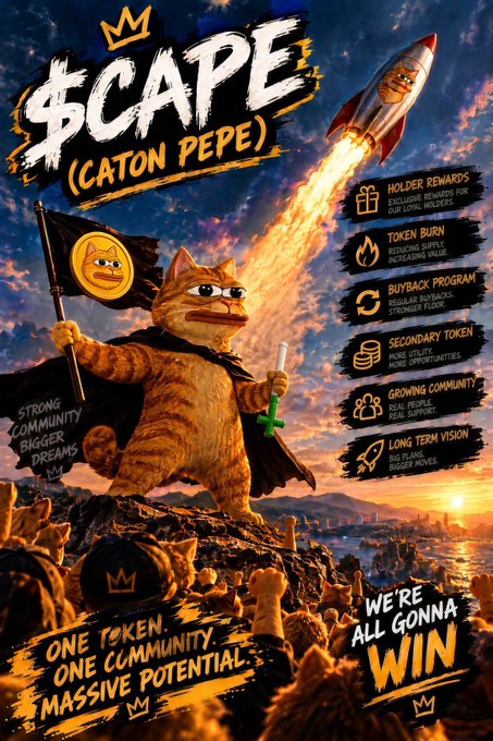 A meme-style poster titled '$CAPE (CATON PEPE)' showing a cat holding a flag and a cross, alongside a rocket and text highlighting features like 'HOLDER REWARDS' and 'TOKEN BURN'.