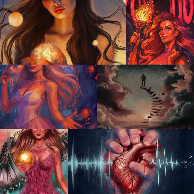 A collage of six digital artworks featuring fantasy female figures, surreal landscapes, and dark themes including a heart and soundwave.
