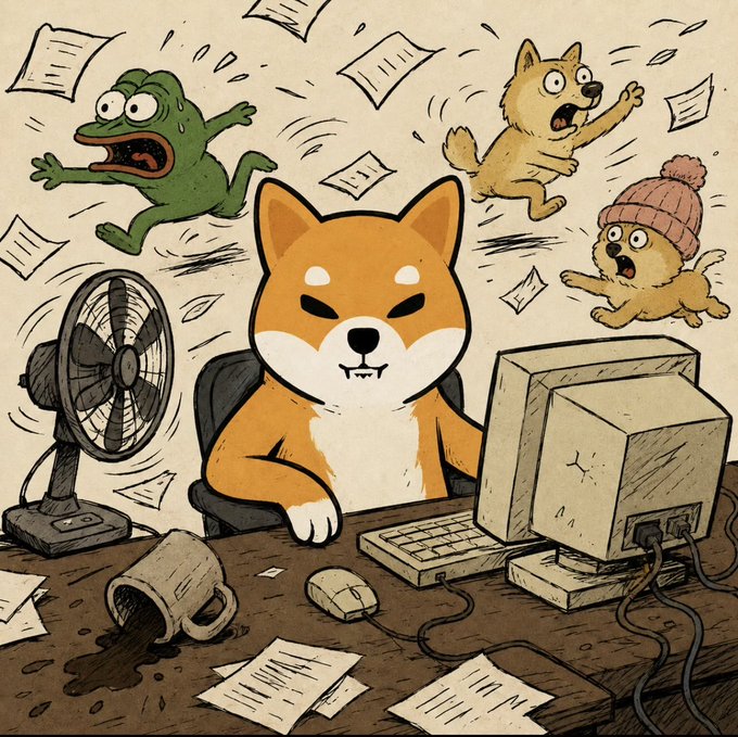 A cartoon illustration of a Shiba Inu dog sitting calmly at a computer desk while a frog and other dogs panic around it, with papers flying and a tipped-over coffee mug, suggesting chaos in a stressful work environment.