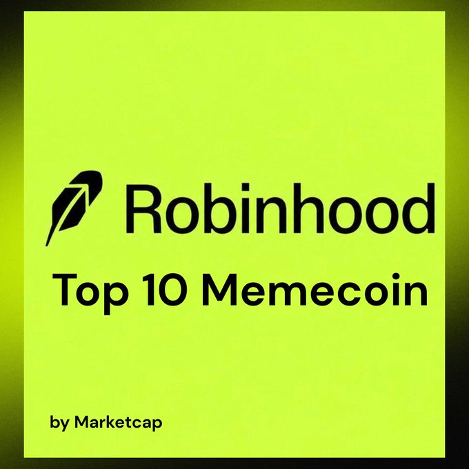 A bright yellow-green graphic featuring the Robinhood logo and feather icon alongside bold text reading "Robinhood Top 10 Memecoin by Marketcap," serving as a title card for a post listing 10 specific memecoins available on the Robinhood Chain, including CASHCAT, Juggernaut, VEX, HOODRAT, WEN, TENDIES, DIH, VIBECAT, and GME.